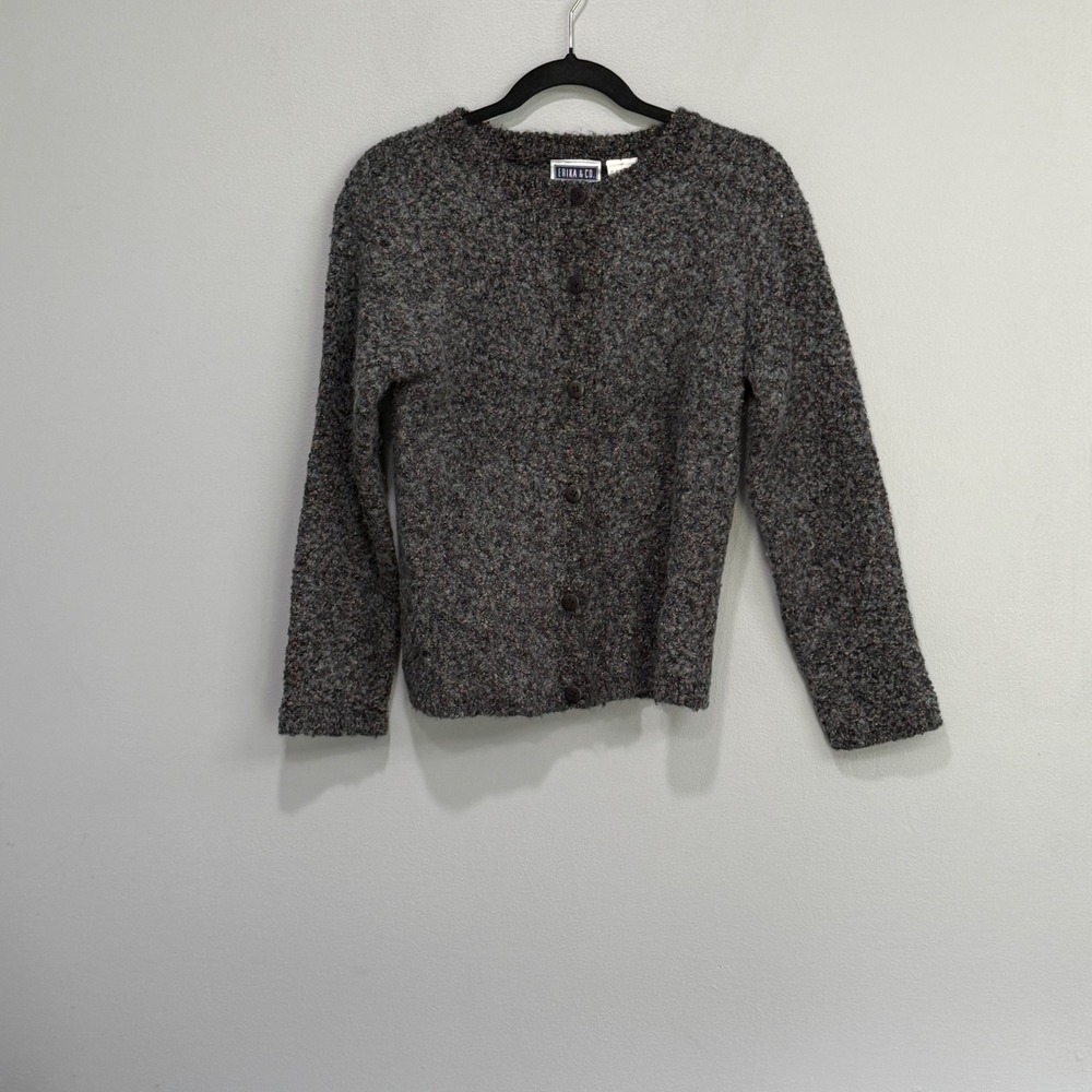 Erika & Co Womens Grey Boucle Wool Blend Button Front Cardigan Sweater Small